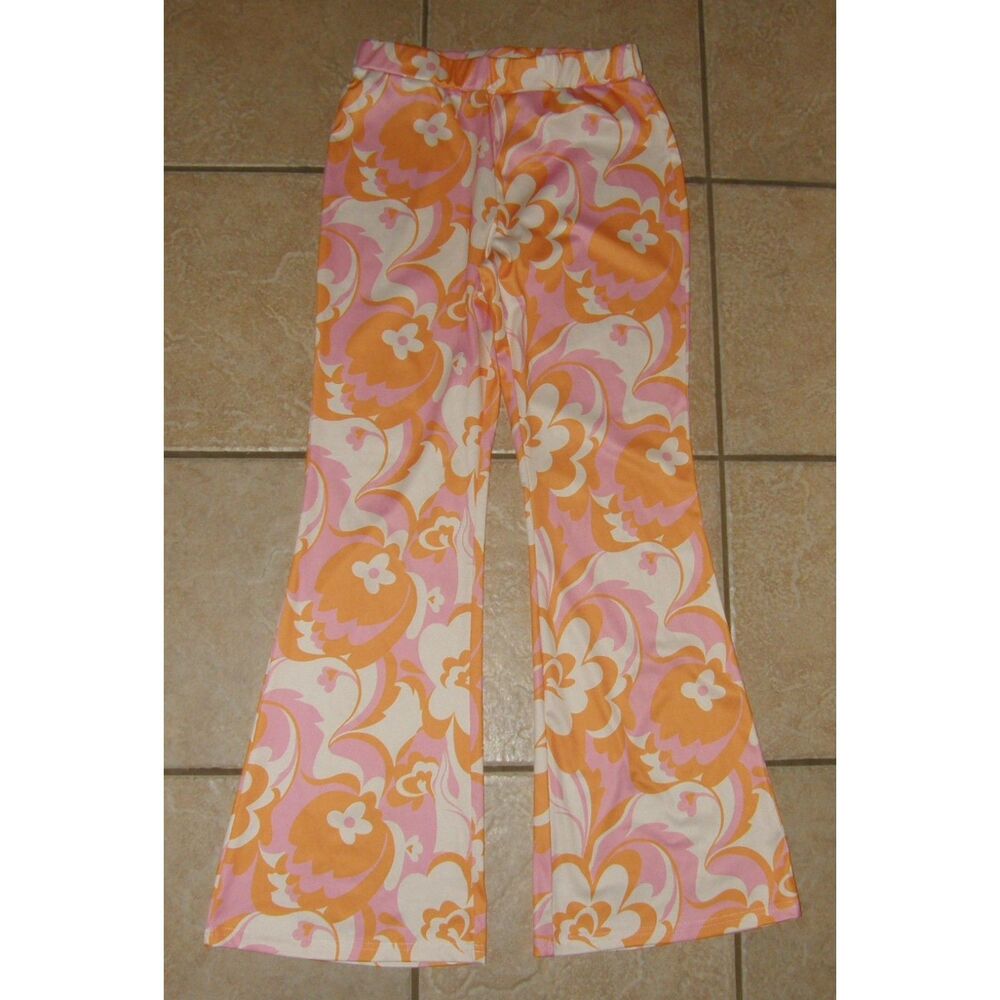Colorful Floral Stretchy Sz Jr Large Pull On Flare Boho Hippie Theme Retro Pants